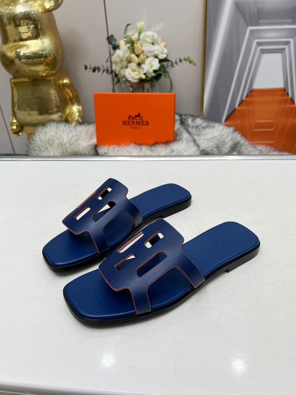HERMES FLATFORM SANDAL NAVY CALFSKIN