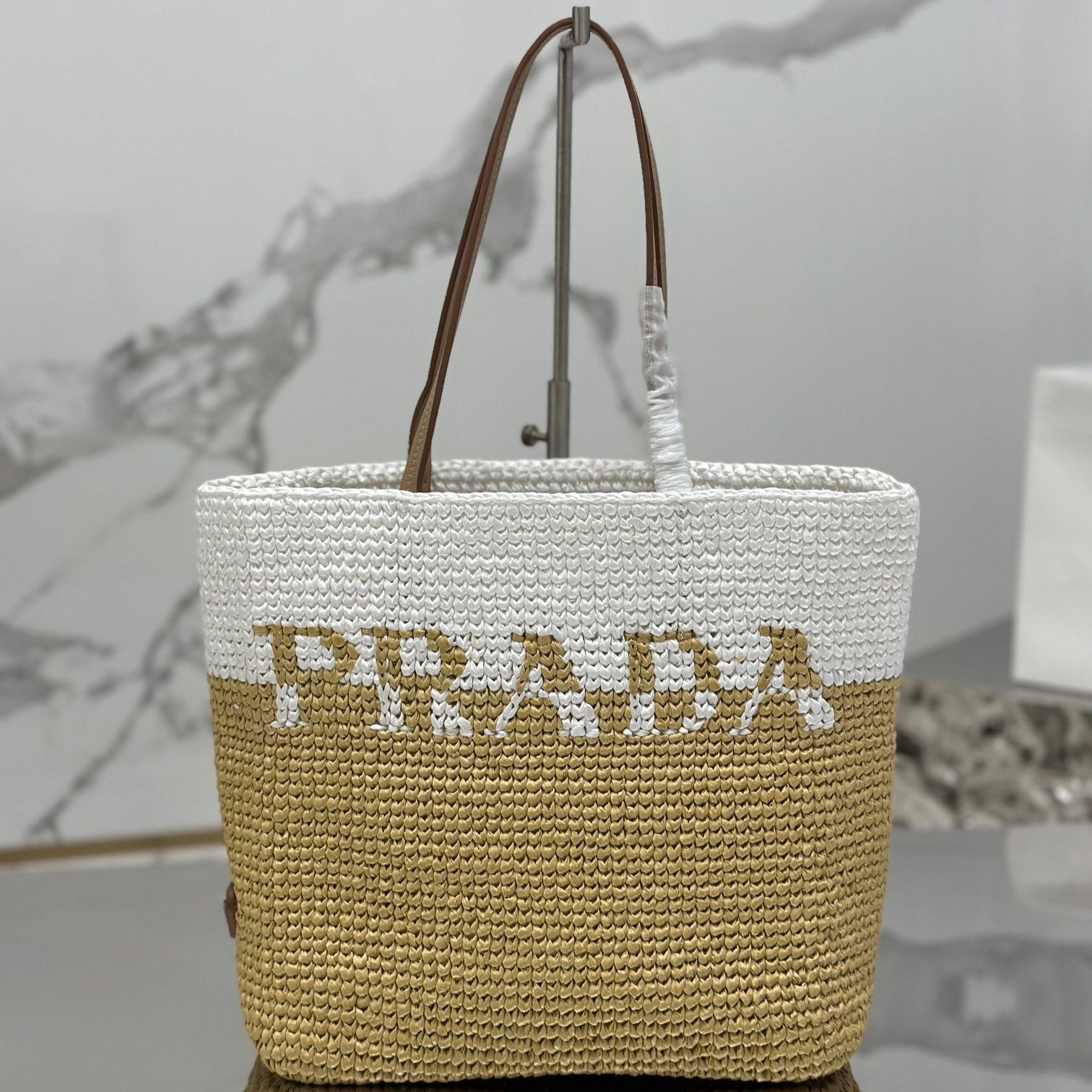 PRADA SMALL TOTE BAG 27 IN WHITE MIX BEIGE RAFFIA AND BROWN CALFSKIN HANDLE
