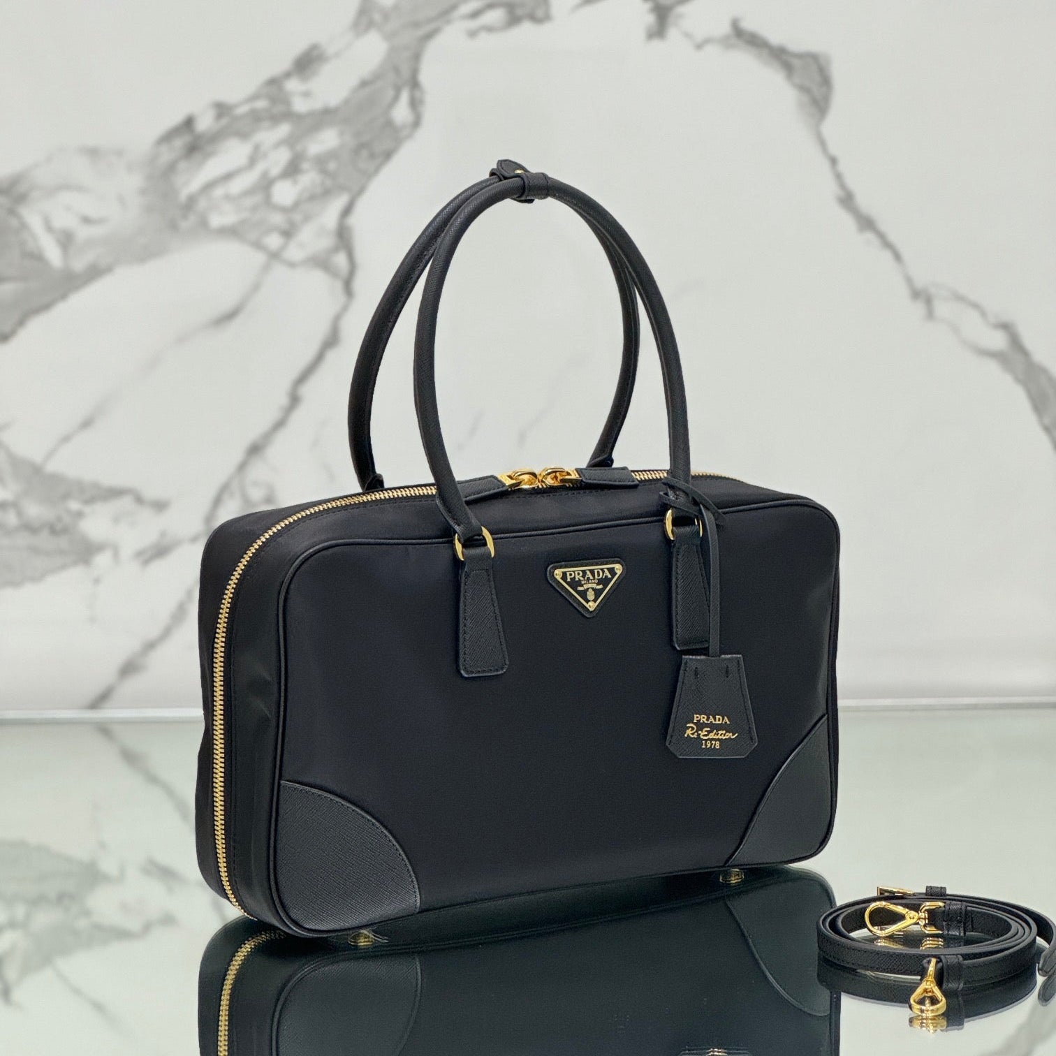 PRADA LARGE TOP HANDLE BAG 35 IN BLACK NYLON AND CALFSKIN TRIM