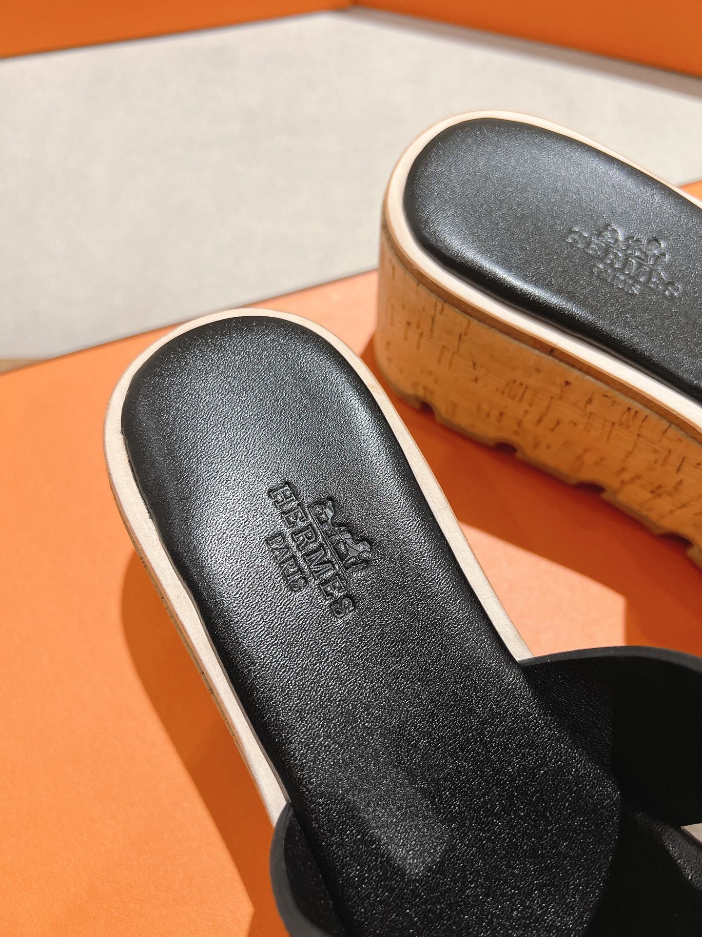 HERMES 25S HIGH WEDGE SANDALS IN BLACK LAMBSKIN STYLE 23