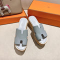 HERMES 25S HIGH WEDGE SANDALS IN LIGHT GREY LAMBSKIN STYLE 13