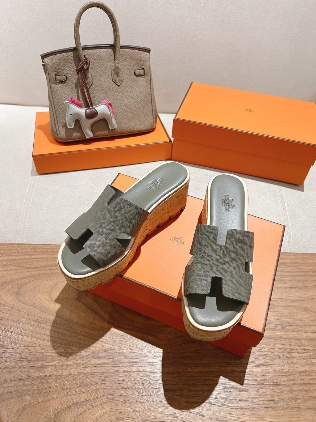 HERMES 25S HIGH WEDGE SANDALS IN DARK GREY LAMBSKIN STYLE 11