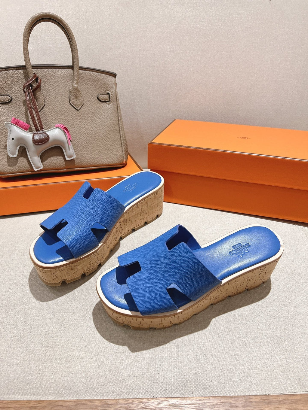HERMES 25S HIGH WEDGE SANDALS IN COBALT BLUE LAMBSKIN STYLE 20