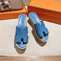 HERMES 25S HIGH WEDGE SANDALS IN BLUE LAMBSKIN STYLE 14
