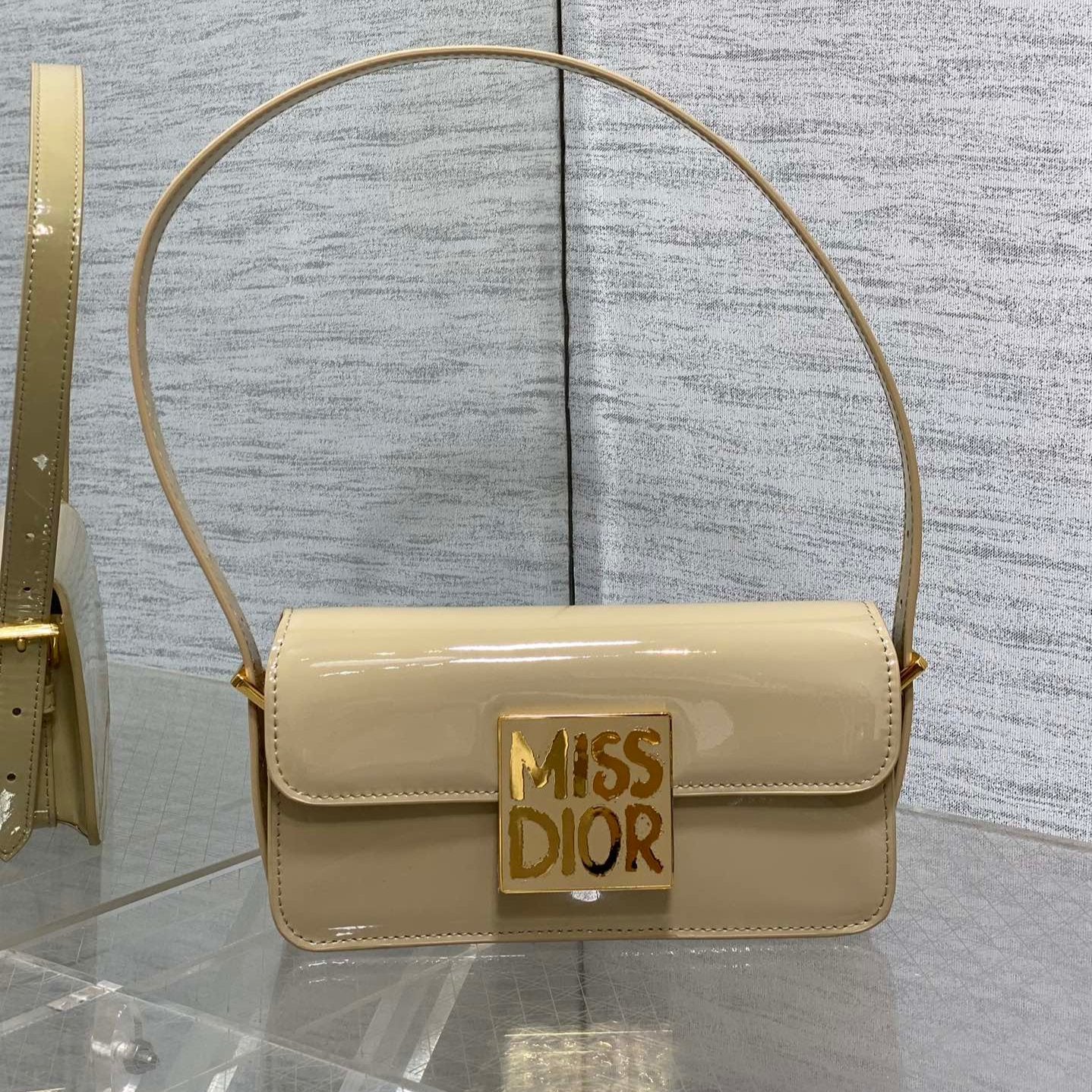 DIOR FLAP BAG 18 IN WHEAT TAN PATENT CALFSKIN