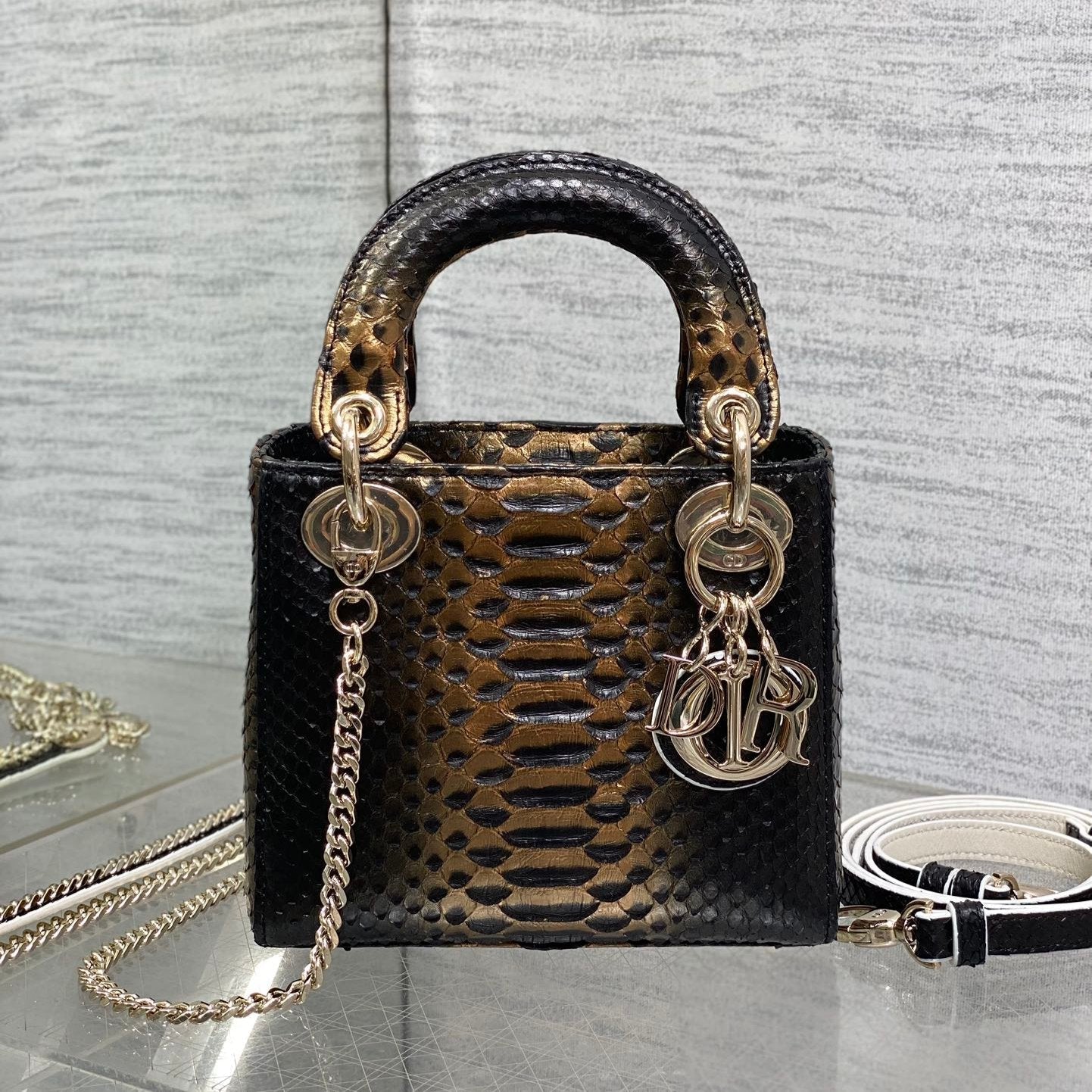 DIOR MINI 17 LADY BAG IN BLACK MIX COFFEE BROWN SNAKESKIN PATTERN LAMBSKIN