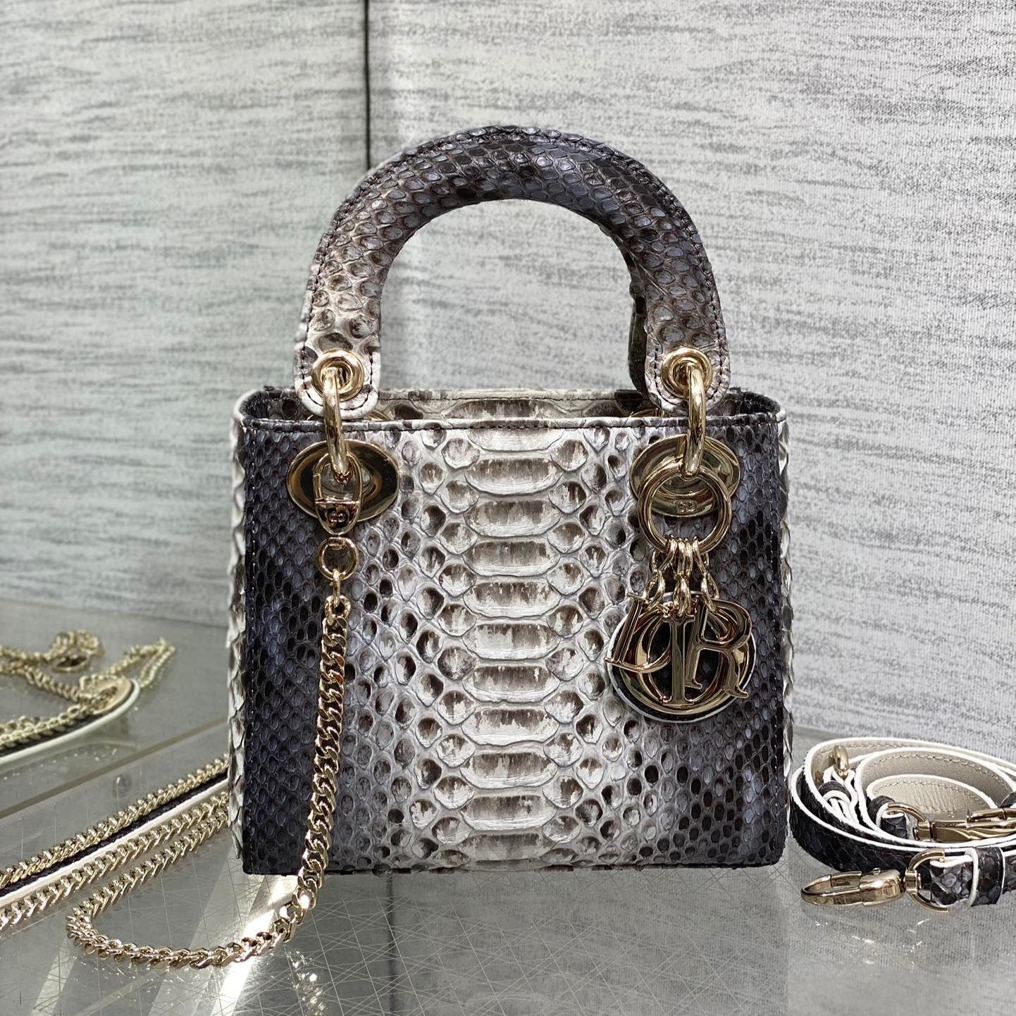 DIOR MINI 17 LADY BAG IN WHITE MIX BLACK SNAKESKIN PATTERN LAMBSKIN