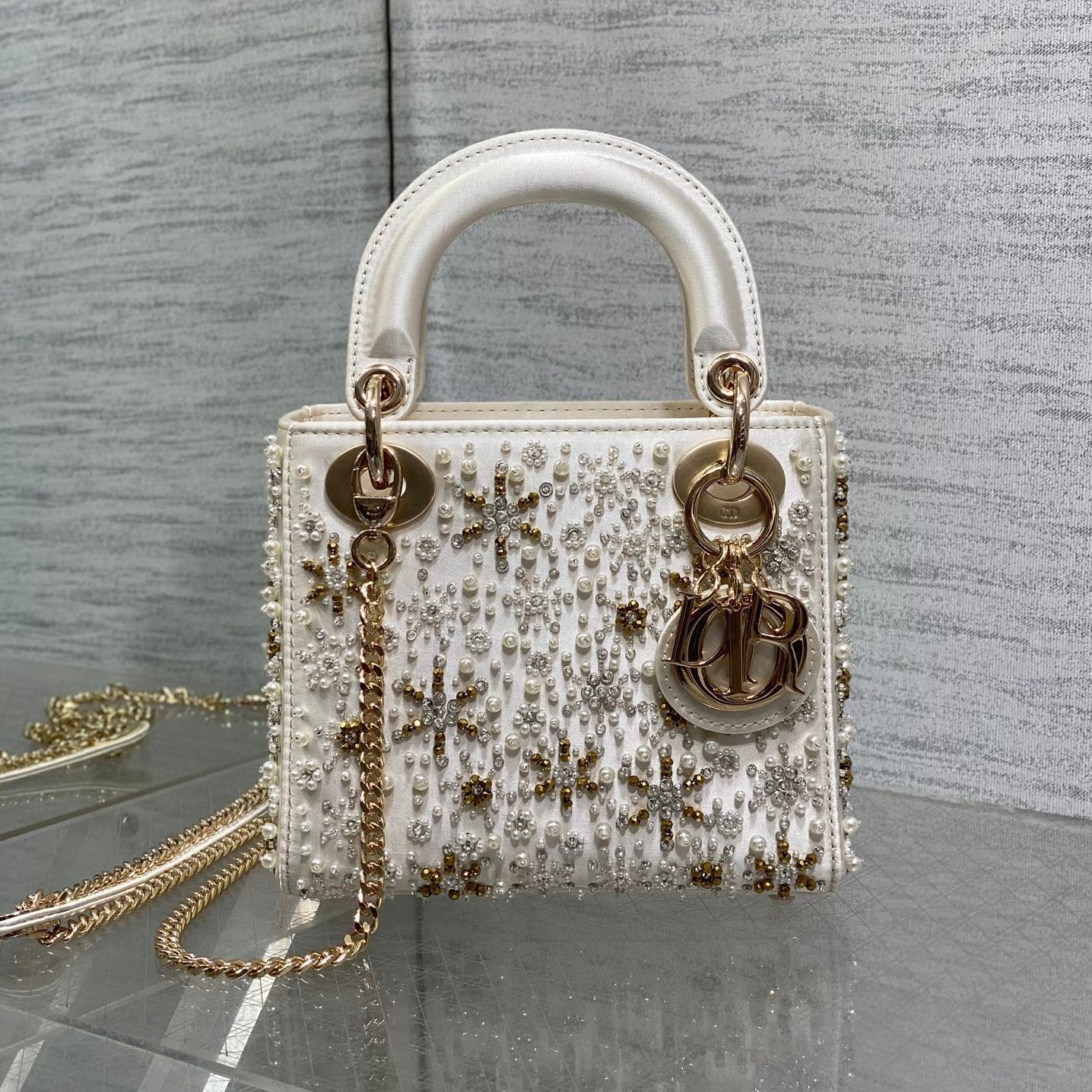 DIOR MINI 17 LADY BAG IN WHITE SATIN EMBROIDERED WITH BEADS