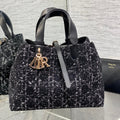 DIOR MEDIUM 28 TOUJOURS BAG IN BLACK MIX WHITE CANNAGE TWEED WITH GOLD HARDWARE