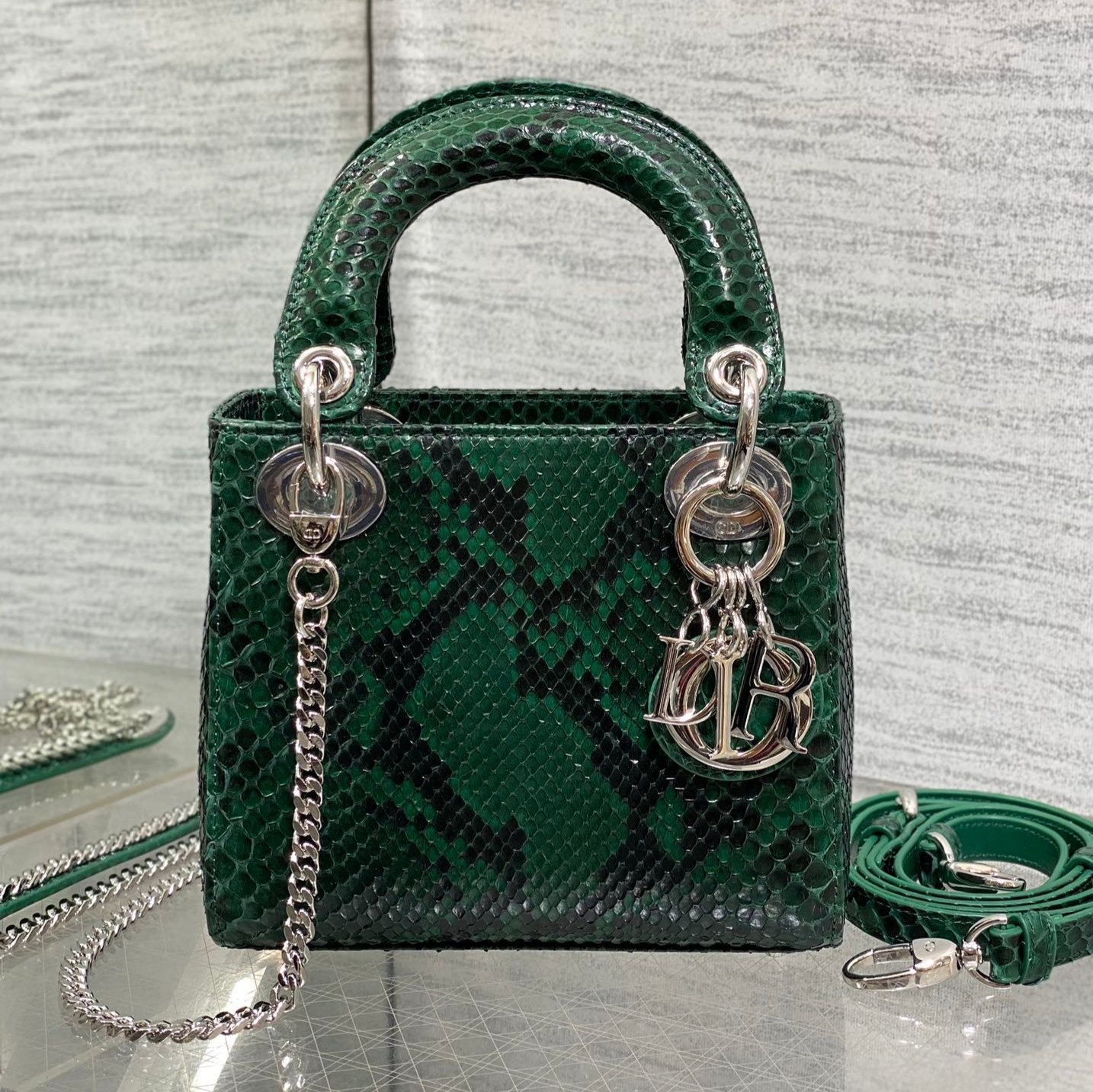 DIOR MINI 17 LADY BAG IN GREEN FOREST MIX BLACK SNAKESKIN PATTERN LAMBSKIN