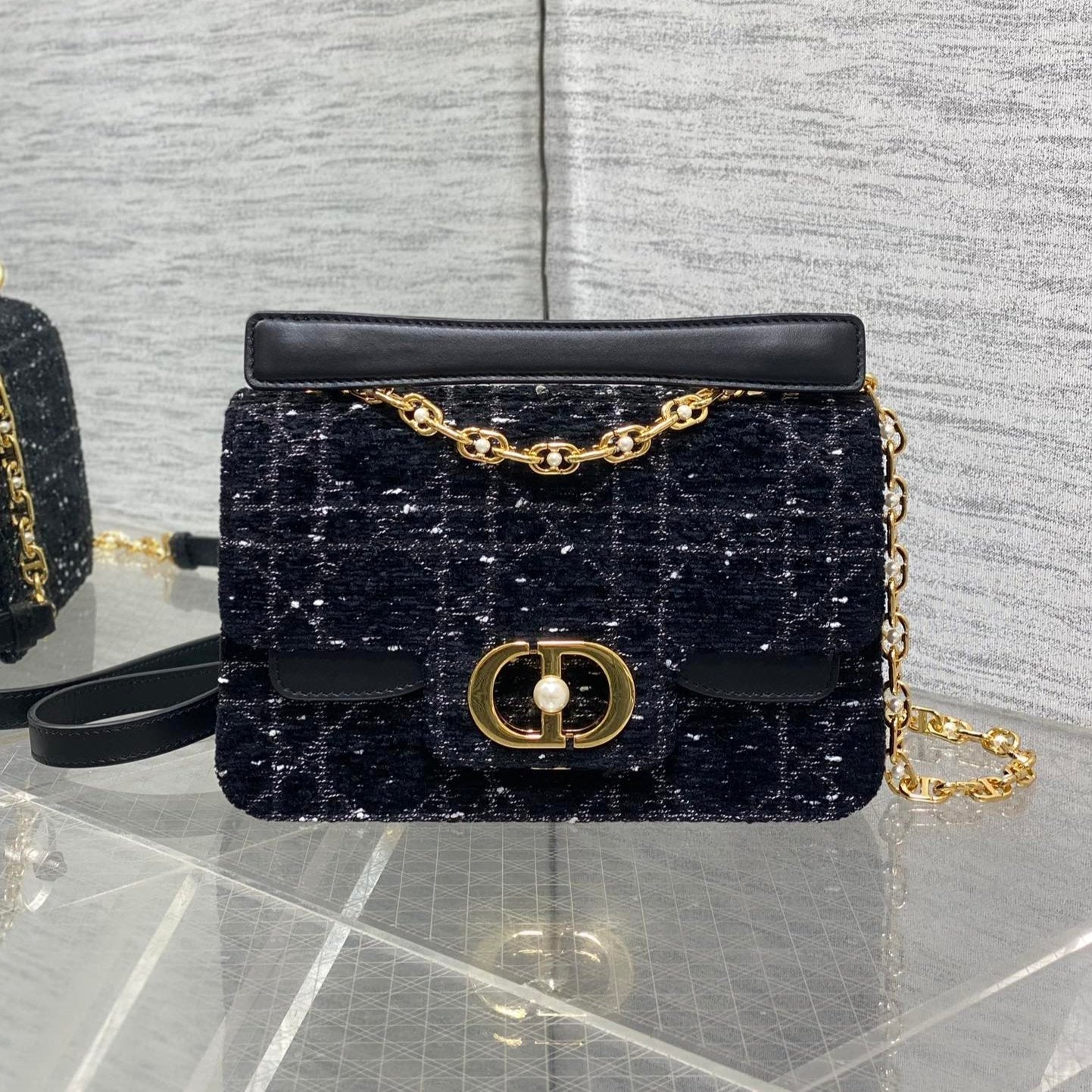 DIOR SMALL 22 JOLIE TOP HANDLE BAG IN BLACK MIX WHITE CANNAGE TWEED
