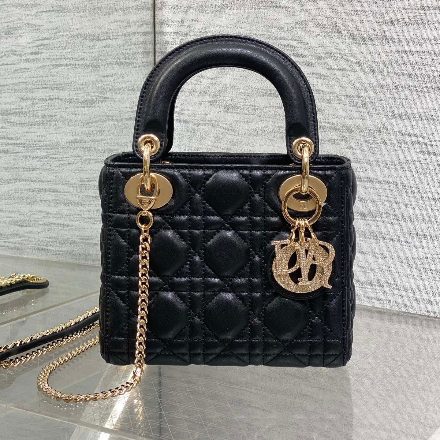 DIOR 25S MINI LADY  BAG 17 IN BLACK CALFSKIN CHARM CRYSTAL EMBELLISHMENTS