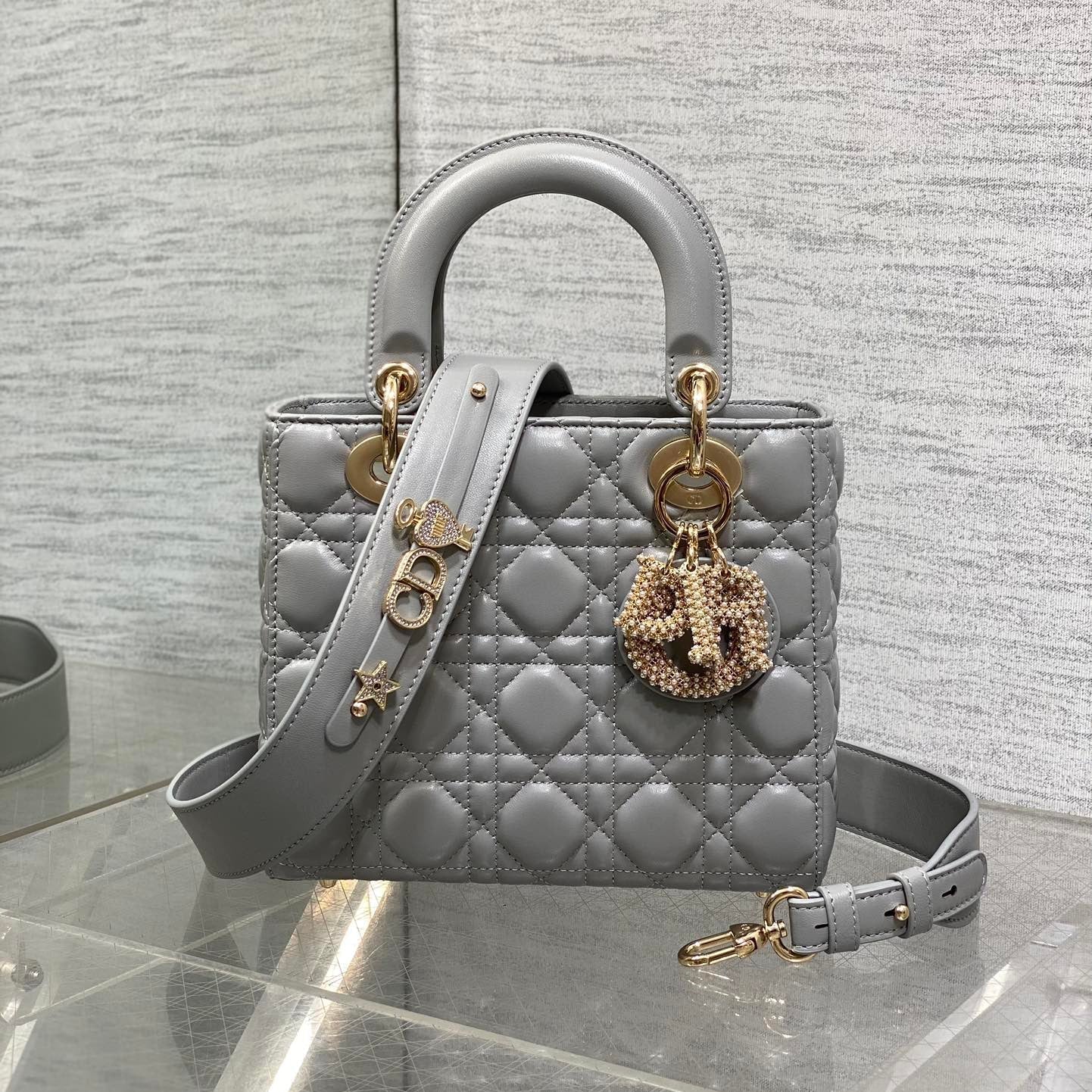 DIOR 25S LADY  BAG 20 IN DARK GRAY CALFSKIN CHARM PEARL EMBELLISHMENTS