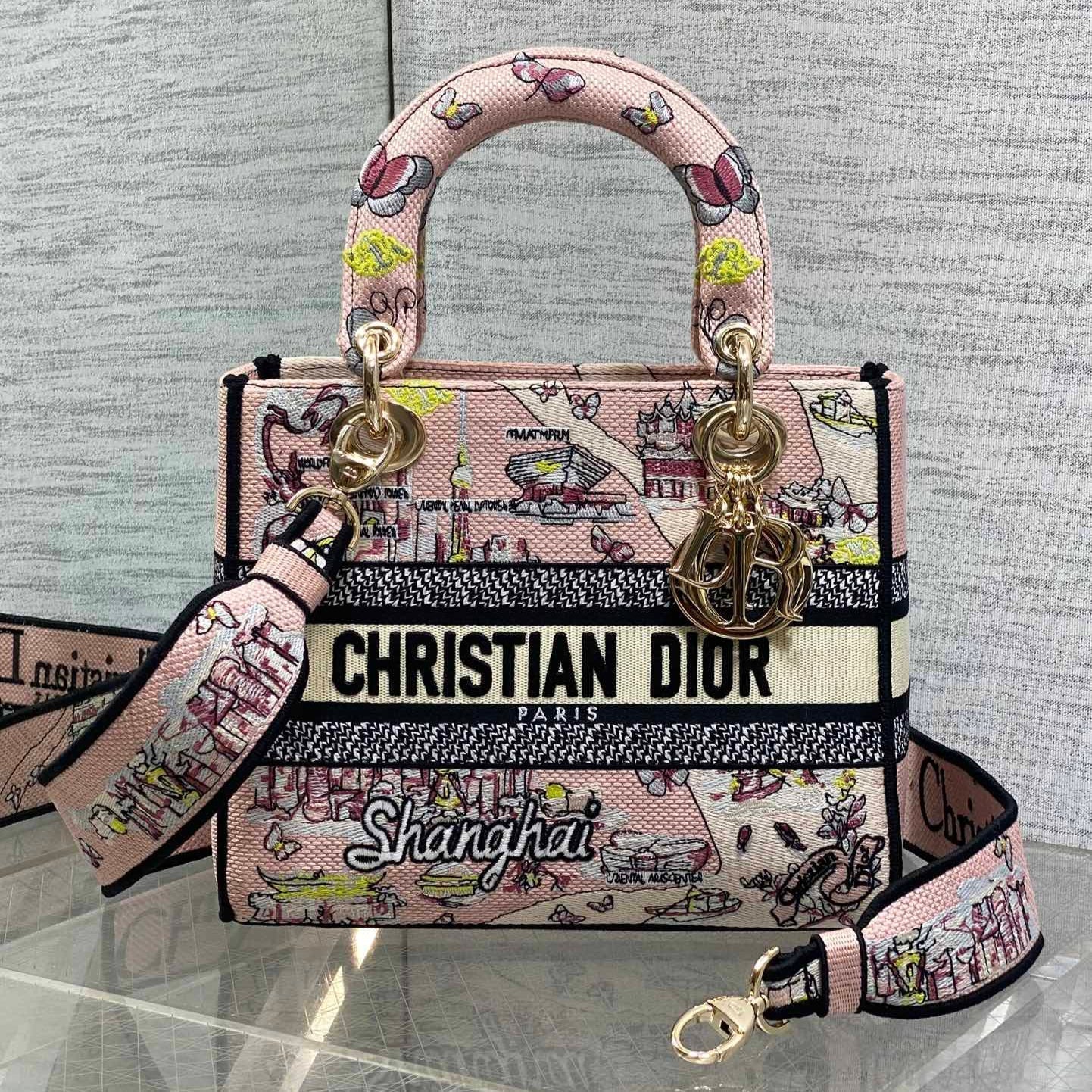 DIOR 25S SMALL LADY D-LITE BAG 24 IN PINK CANVAS  BUTTERFLY