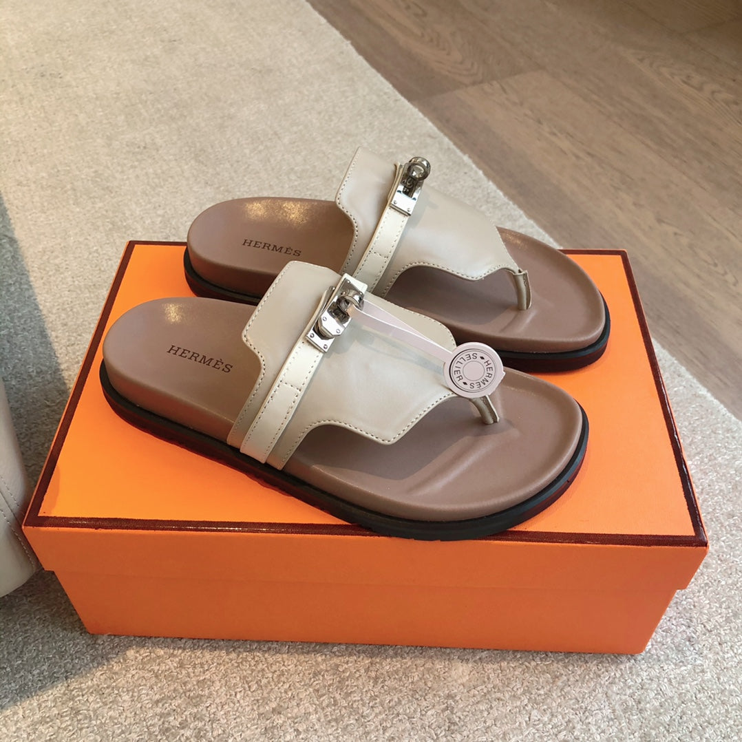 HERMES EMPIRE SANDAL LIGHT BROWN MIX CREAM CALFSKIN
