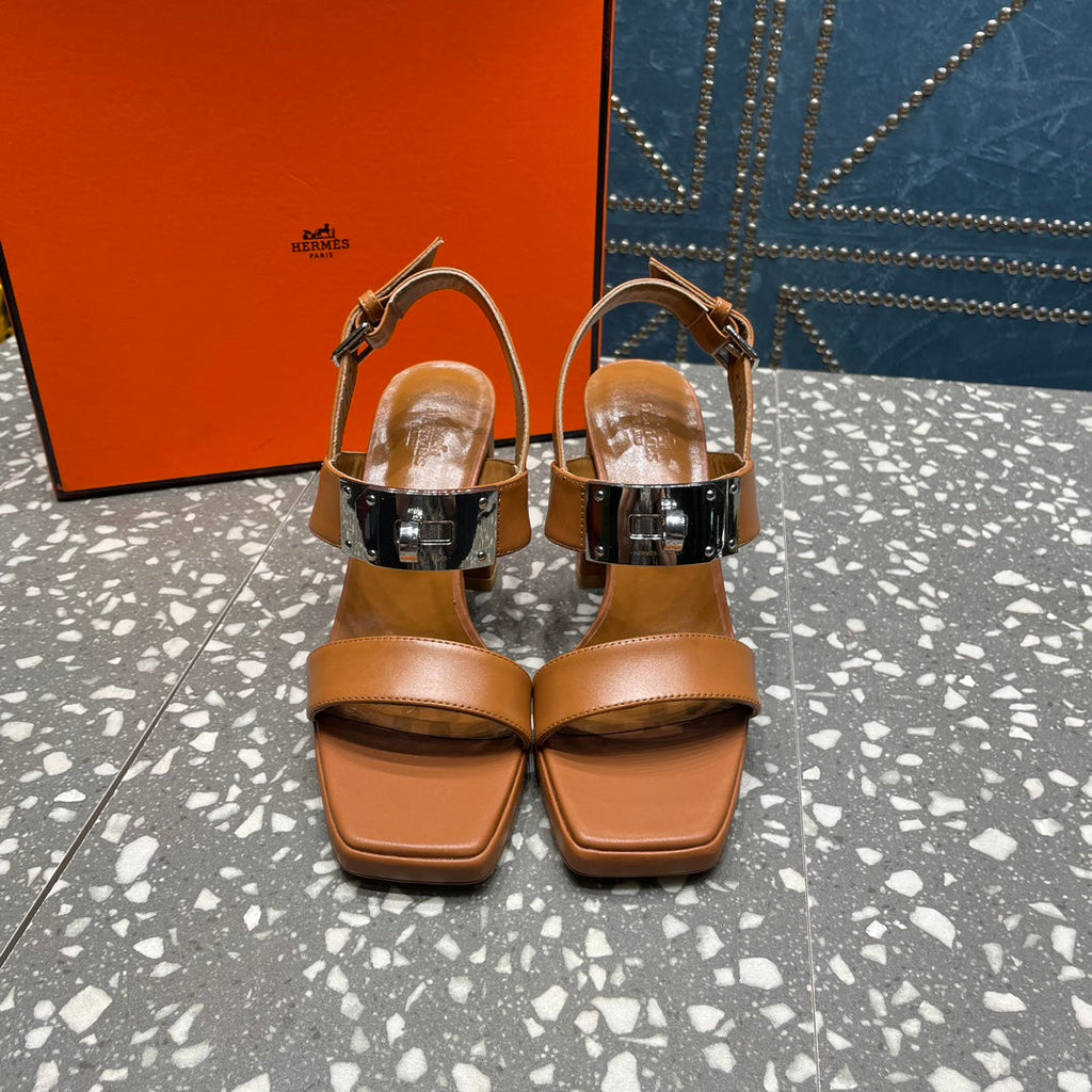 HERMES ILONA SANDAL 95 CARAMEL CALFSKIN