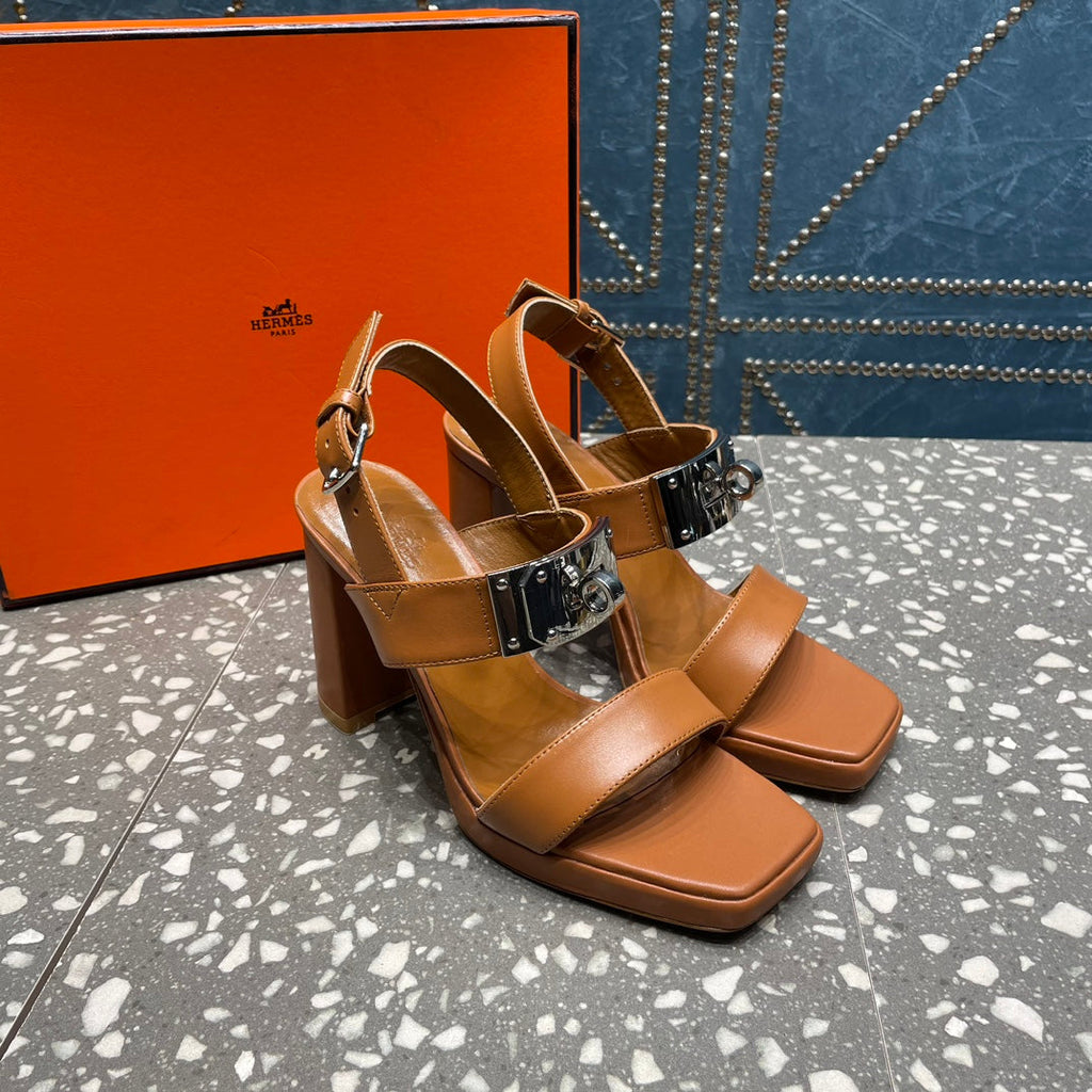 HERMES ILONA SANDAL 95 CARAMEL CALFSKIN