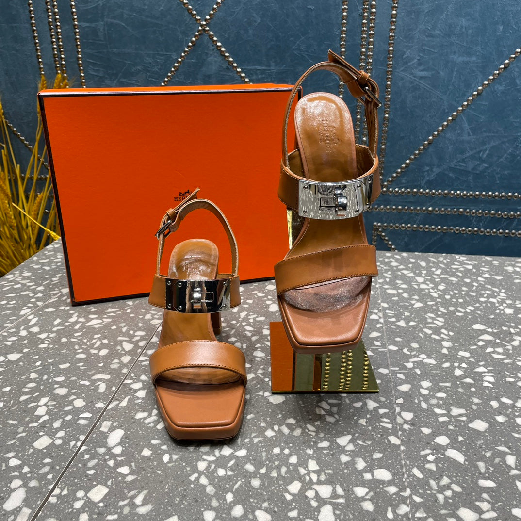 HERMES ILONA SANDAL 95 CARAMEL CALFSKIN