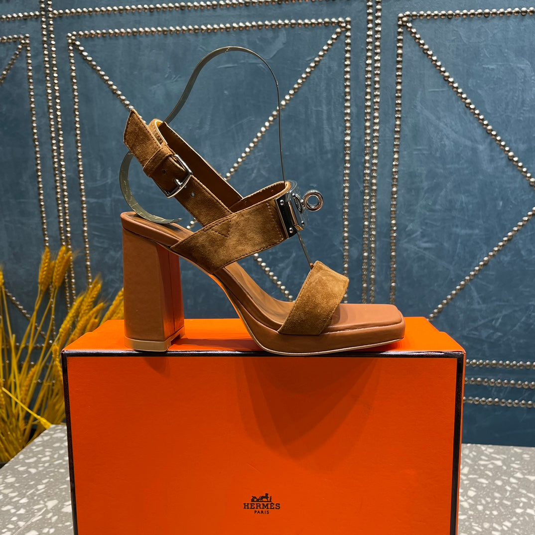HERMES ILONA SANDAL 95 CARAMEL SUEDE