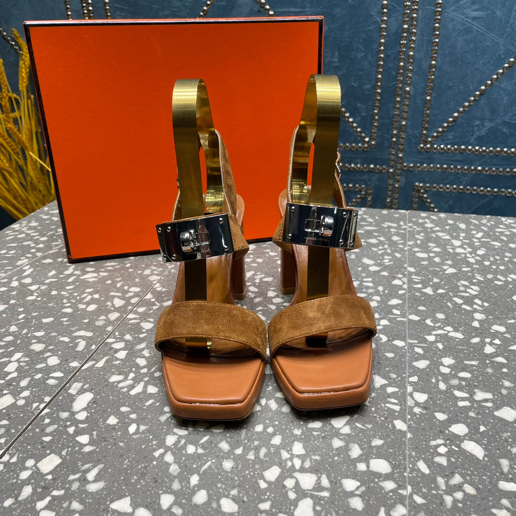 HERMES ILONA SANDAL 95 CARAMEL SUEDE