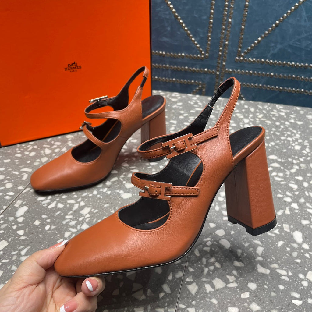 HERMES JACKIE 80 MM PUMP IN UMBER BROWN CALFSKIN