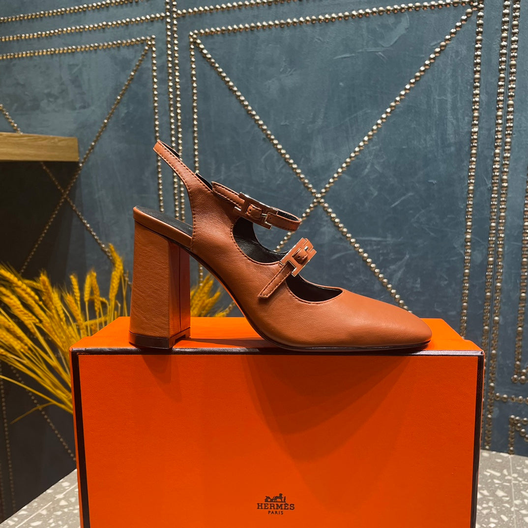 HERMES JACKIE 80 MM PUMP IN UMBER BROWN CALFSKIN