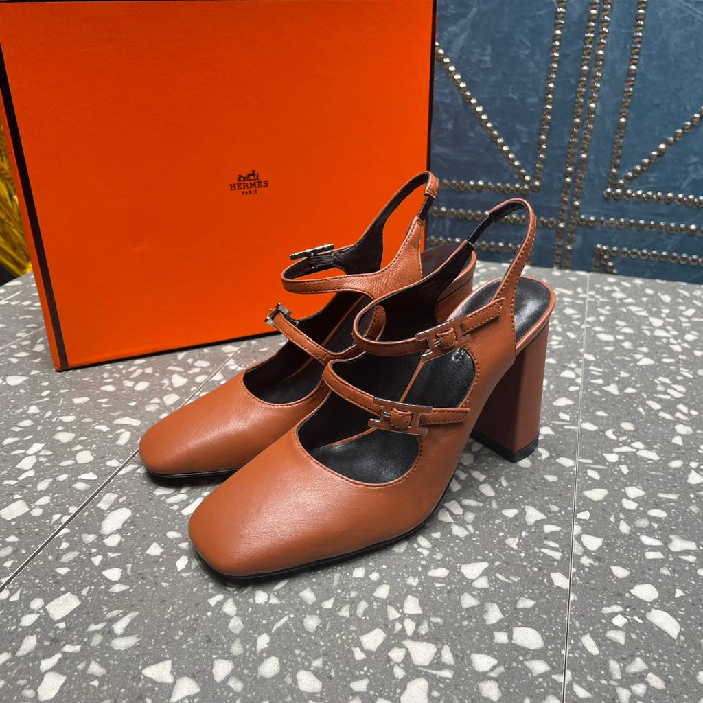 HERMES JACKIE 80 MM PUMP IN UMBER BROWN CALFSKIN