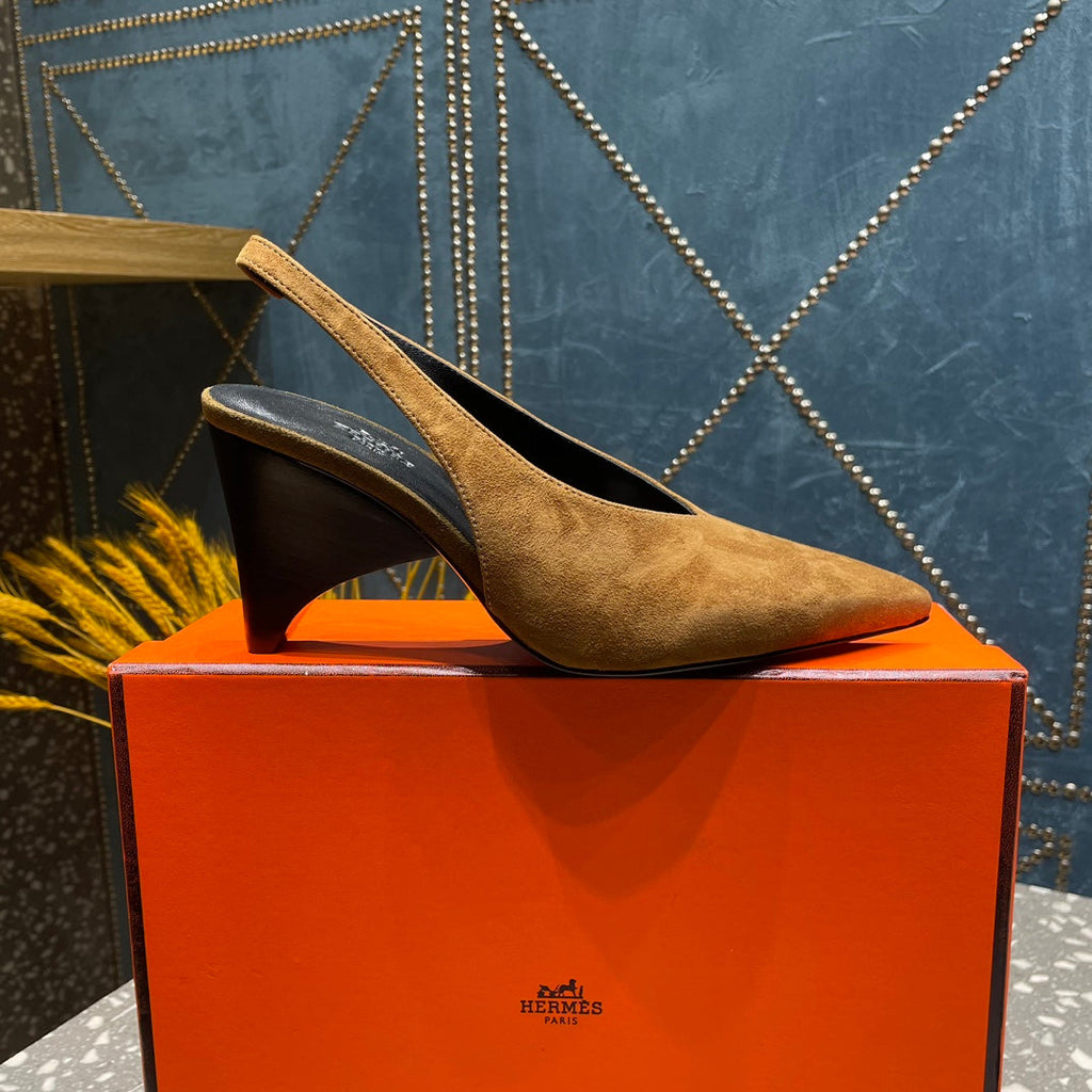 HERMES HIGH SLINGBACKS 7 CM IN CIDER BROWN SUEDE