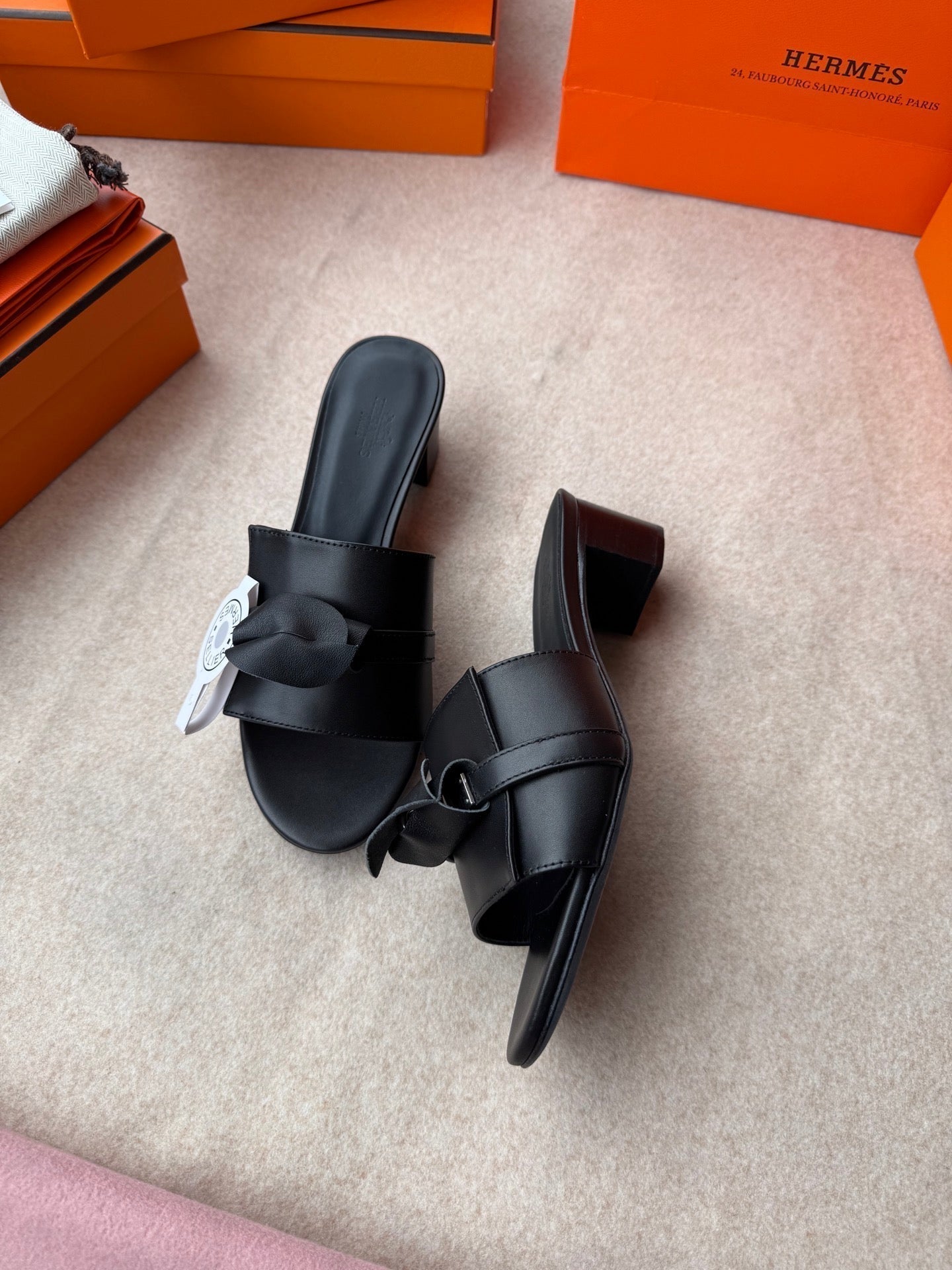 HERMES HIGH MULES IN BLACK CALFSKIN