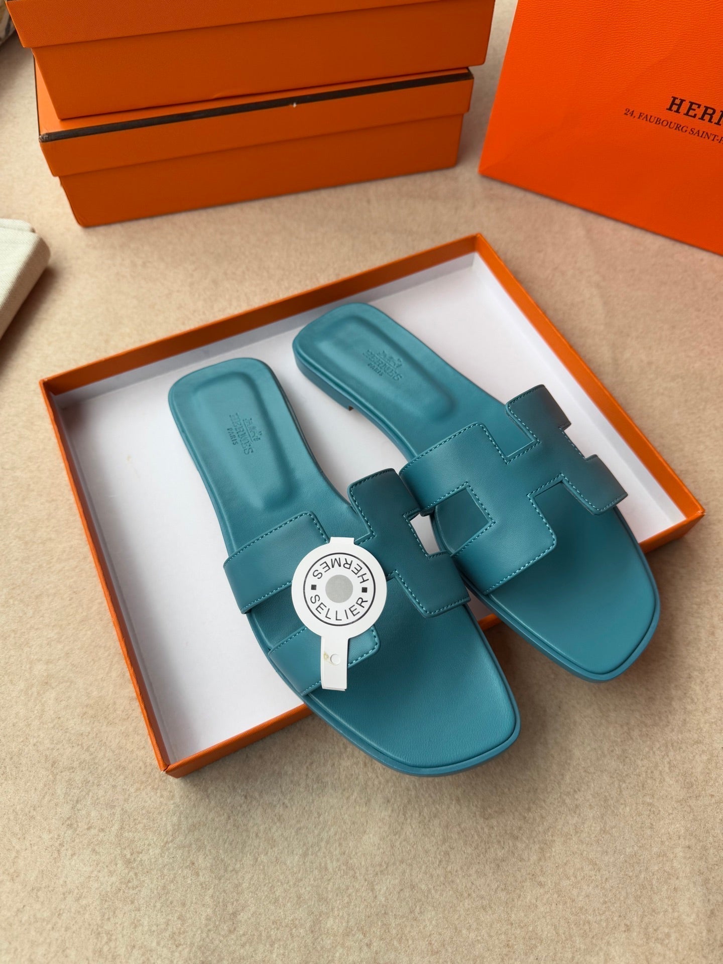 HERMES 0RAN SANDALS IN SAPPHIRE BLUE CALFSKIN