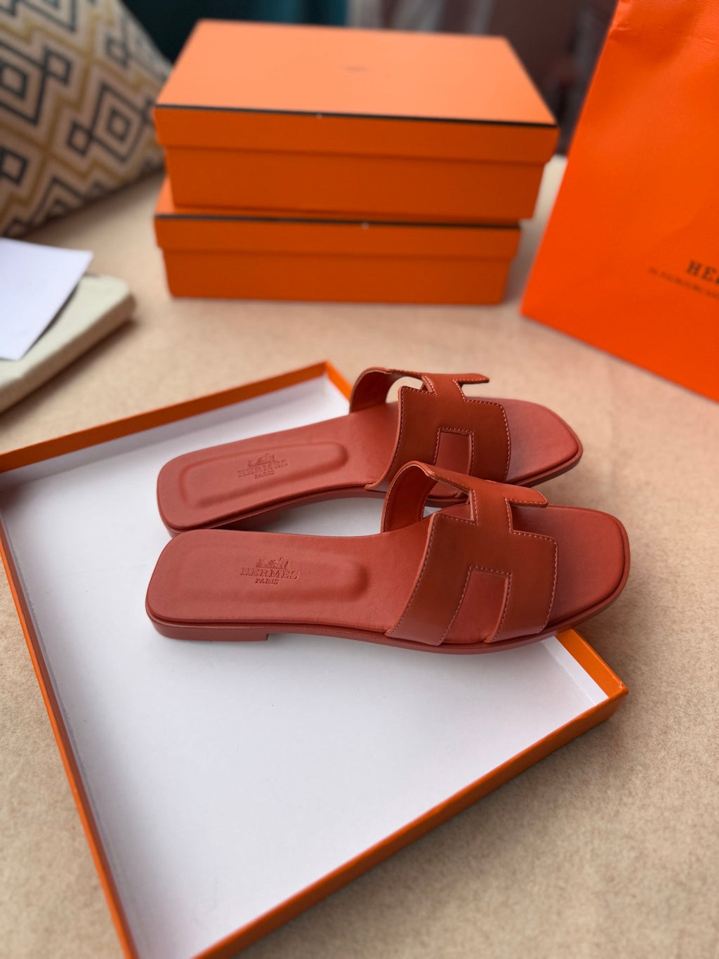 HERMES 0RAN SANDALS IN GINGER ORANGE CALFSKIN