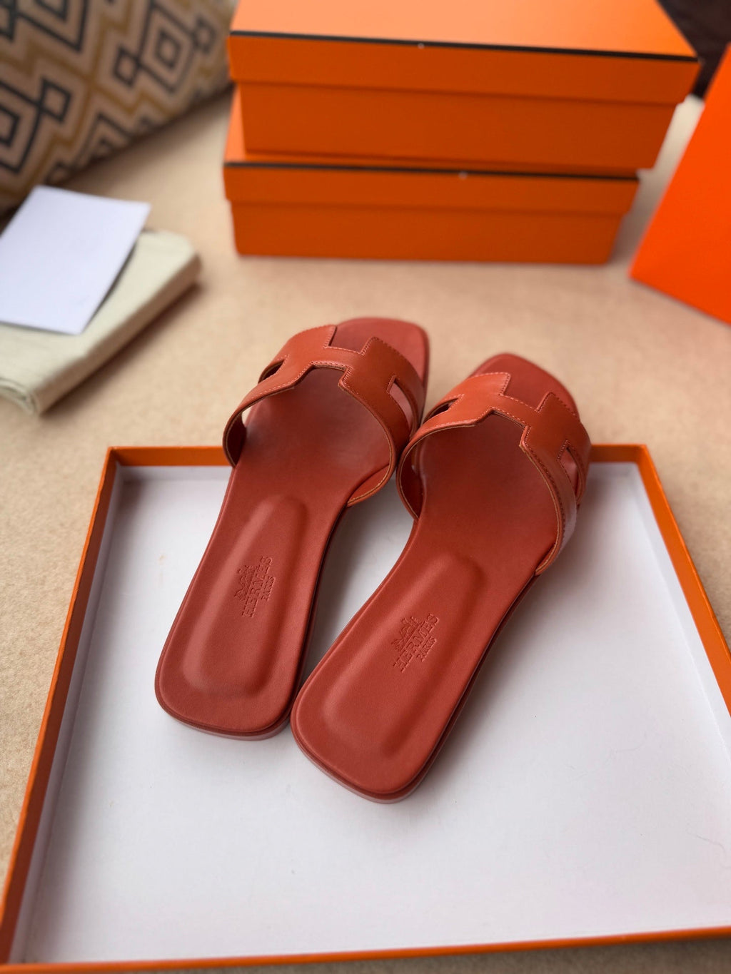 HERMES 0RAN SANDALS IN GINGER ORANGE CALFSKIN