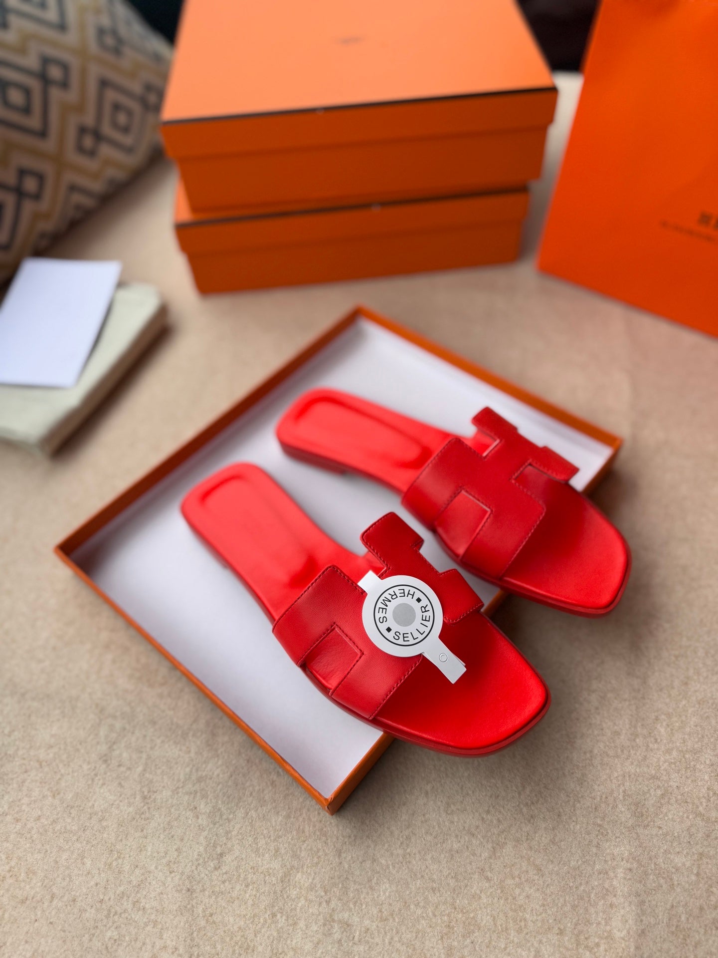HERMES 0RAN SANDALS IN CHERRY RED CALFSKIN