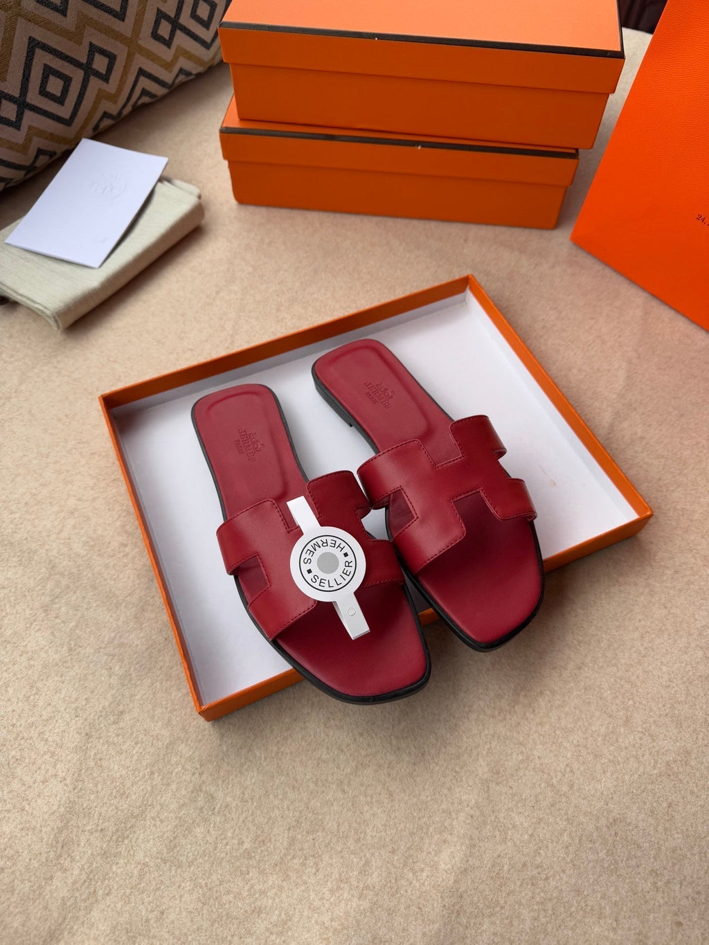 HERMES 0RAN SANDALS IN JAM RED CALFSKIN