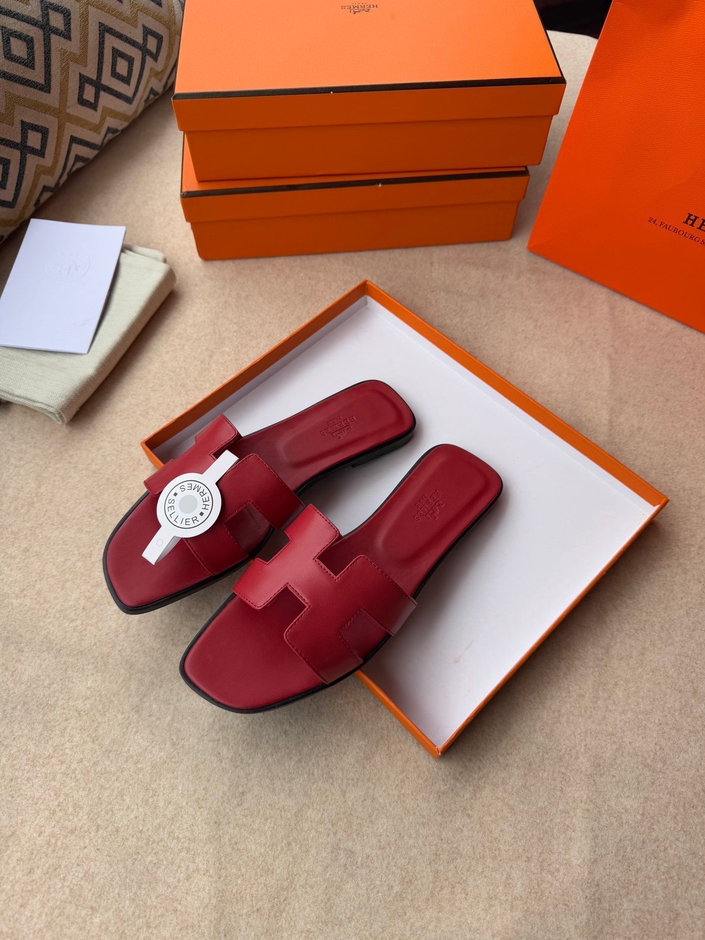 HERMES 0RAN SANDALS IN JAM RED CALFSKIN