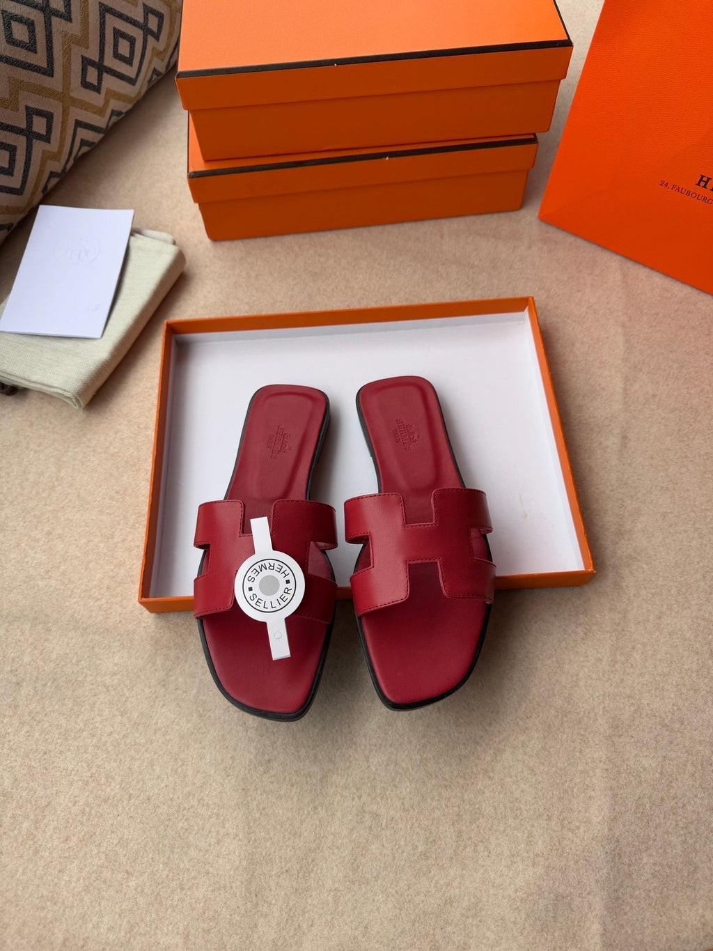 HERMES 0RAN SANDALS IN JAM RED CALFSKIN