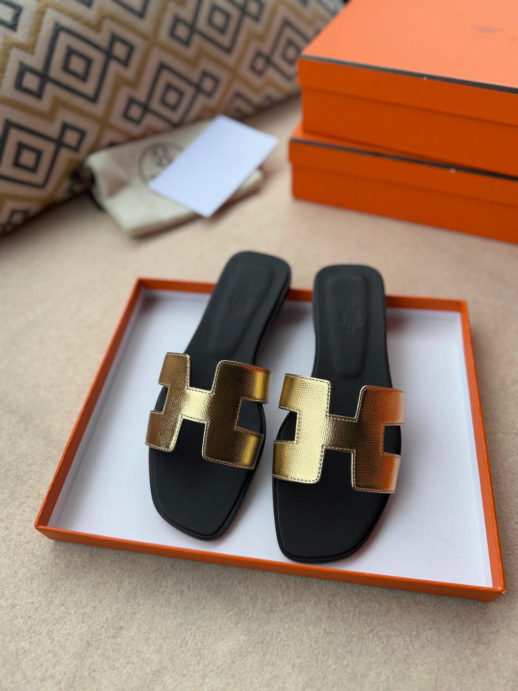 HERMES 0RAN SANDALS IN LIGHT GOLD CALFSKIN