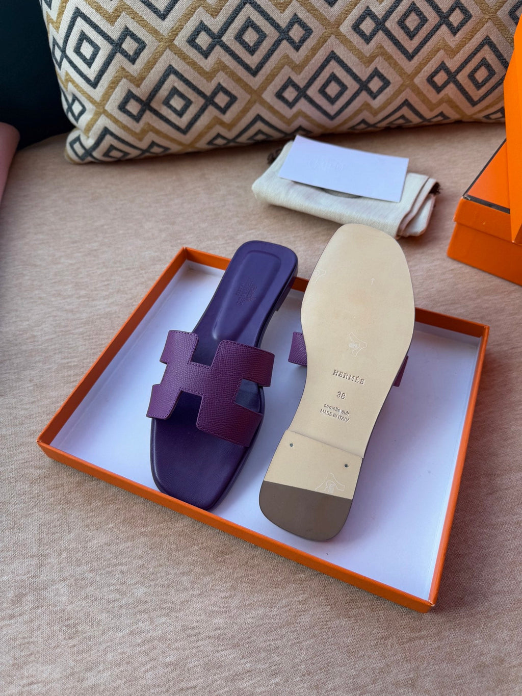 HERMES 0RAN SANDALS IN ROYAL PURPLE CALFSKIN