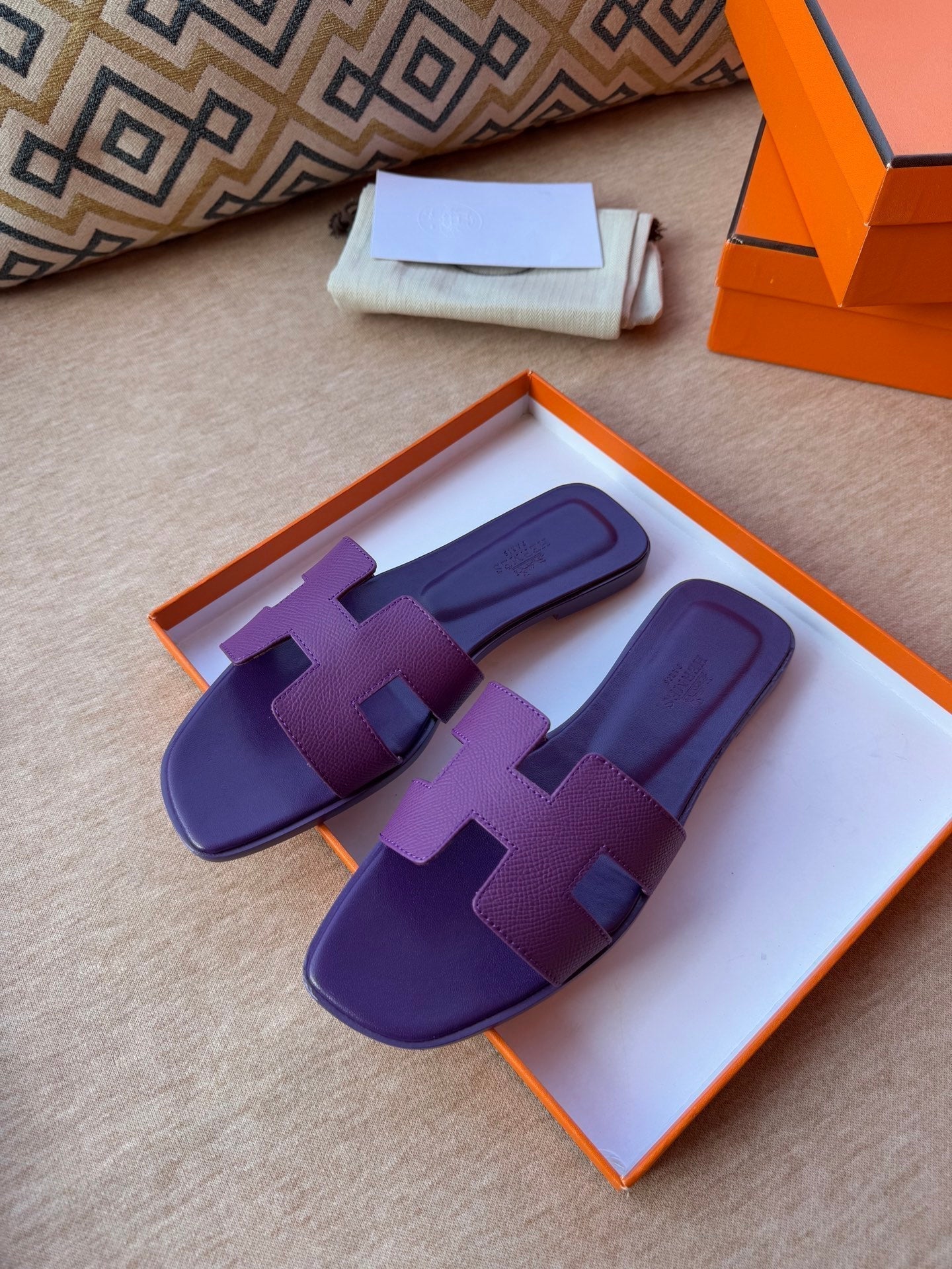 HERMES 0RAN SANDALS IN ROYAL PURPLE CALFSKIN