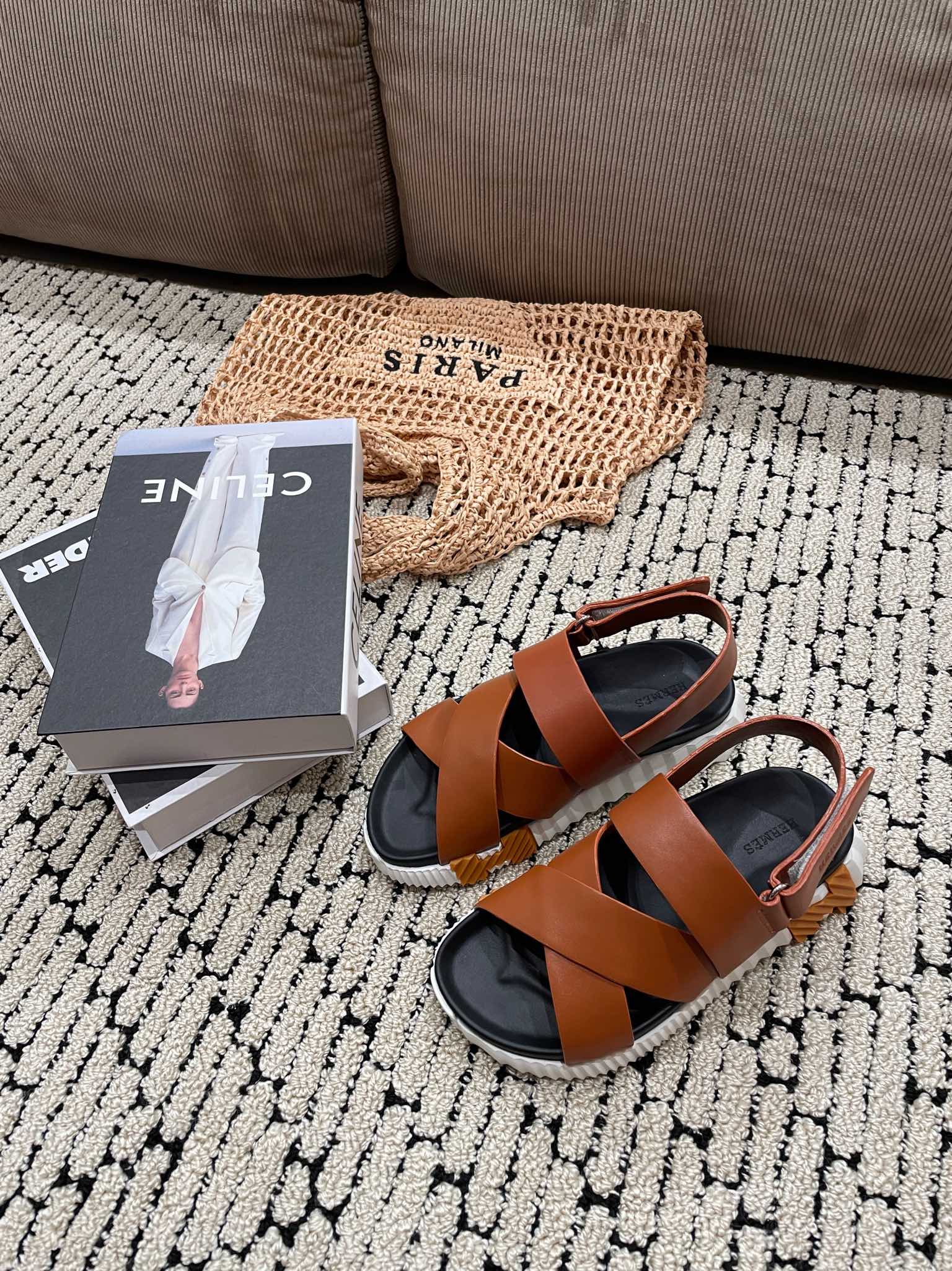 HERMES ELECTRIC SANDAL BLACK MIX CARAMEL CALFSKIN