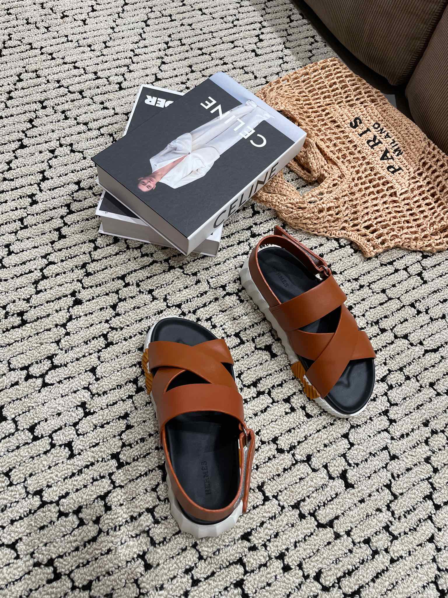 HERMES ELECTRIC SANDAL BLACK MIX CARAMEL CALFSKIN