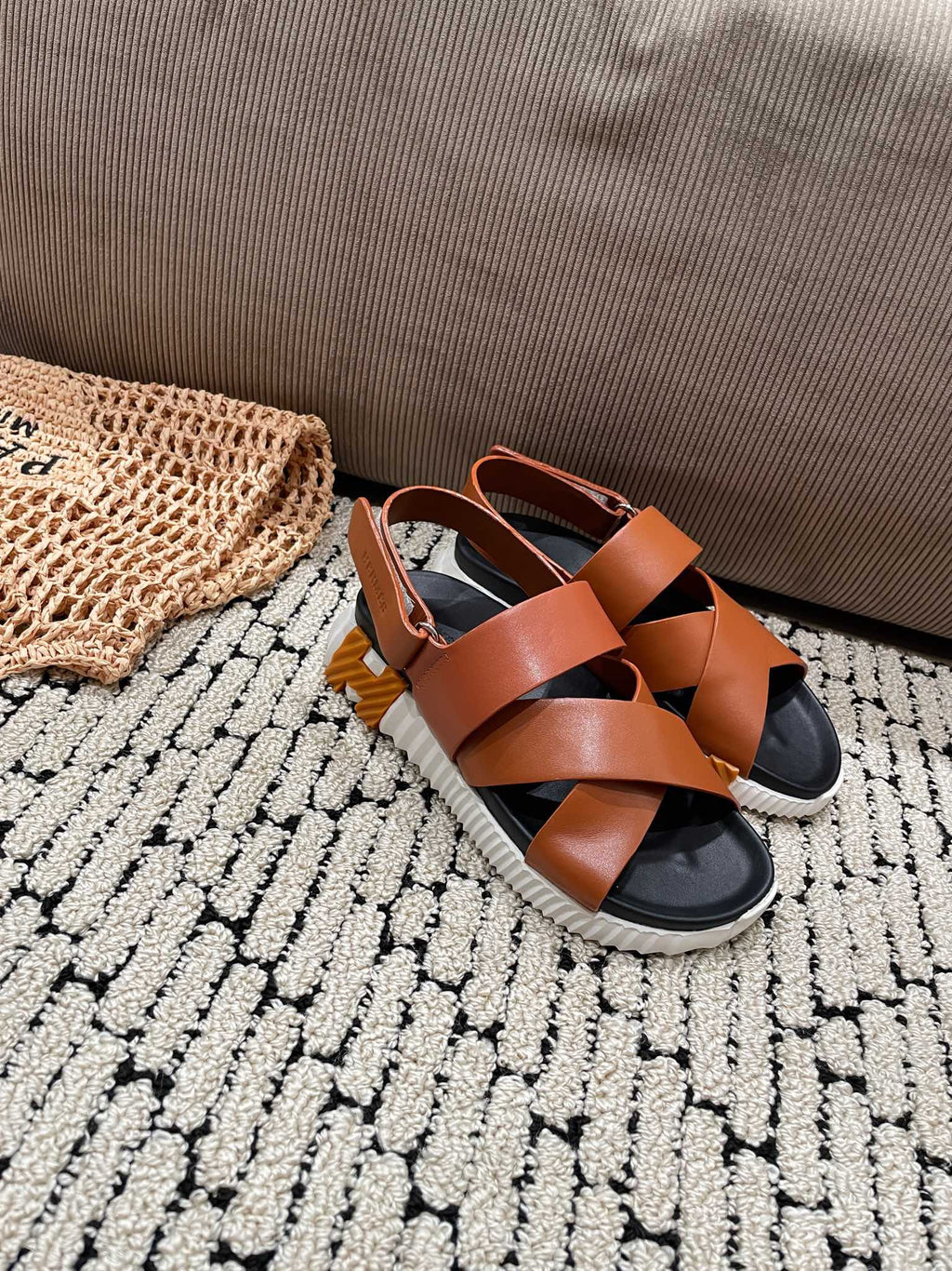 HERMES ELECTRIC SANDAL BLACK MIX CARAMEL CALFSKIN