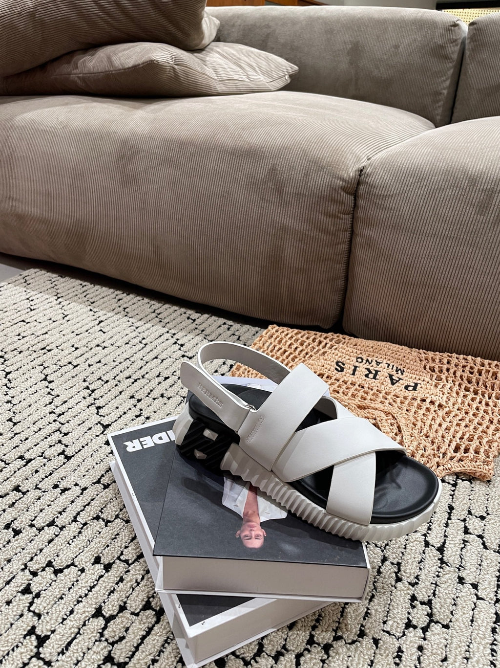 HERMES ELECTRIC SANDAL BLACK MIX CREAMY WHITE CALFSKIN