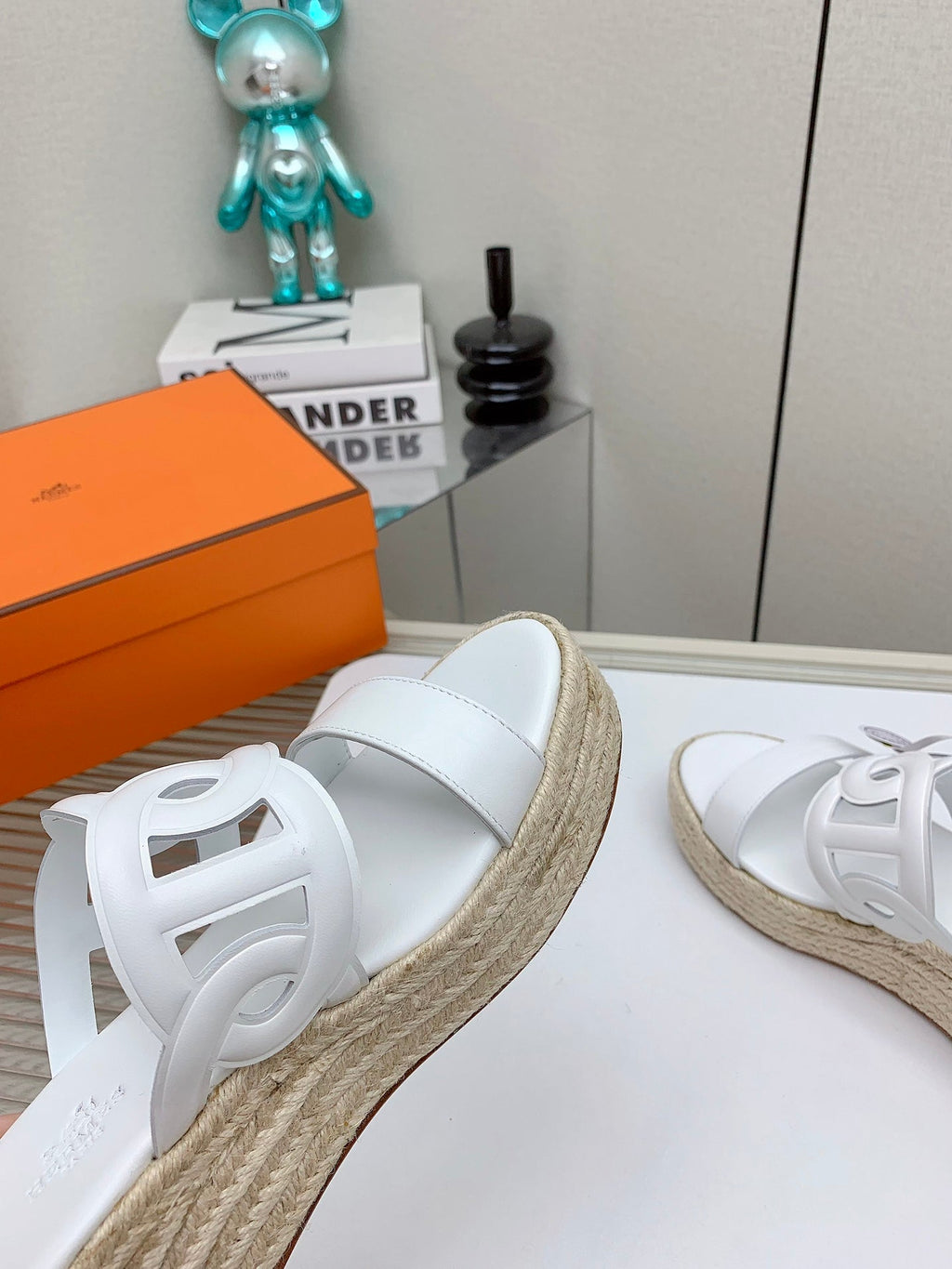 HERMES ITHEA 85 MM ESPADRILLE IN WHITE CALFSKIN