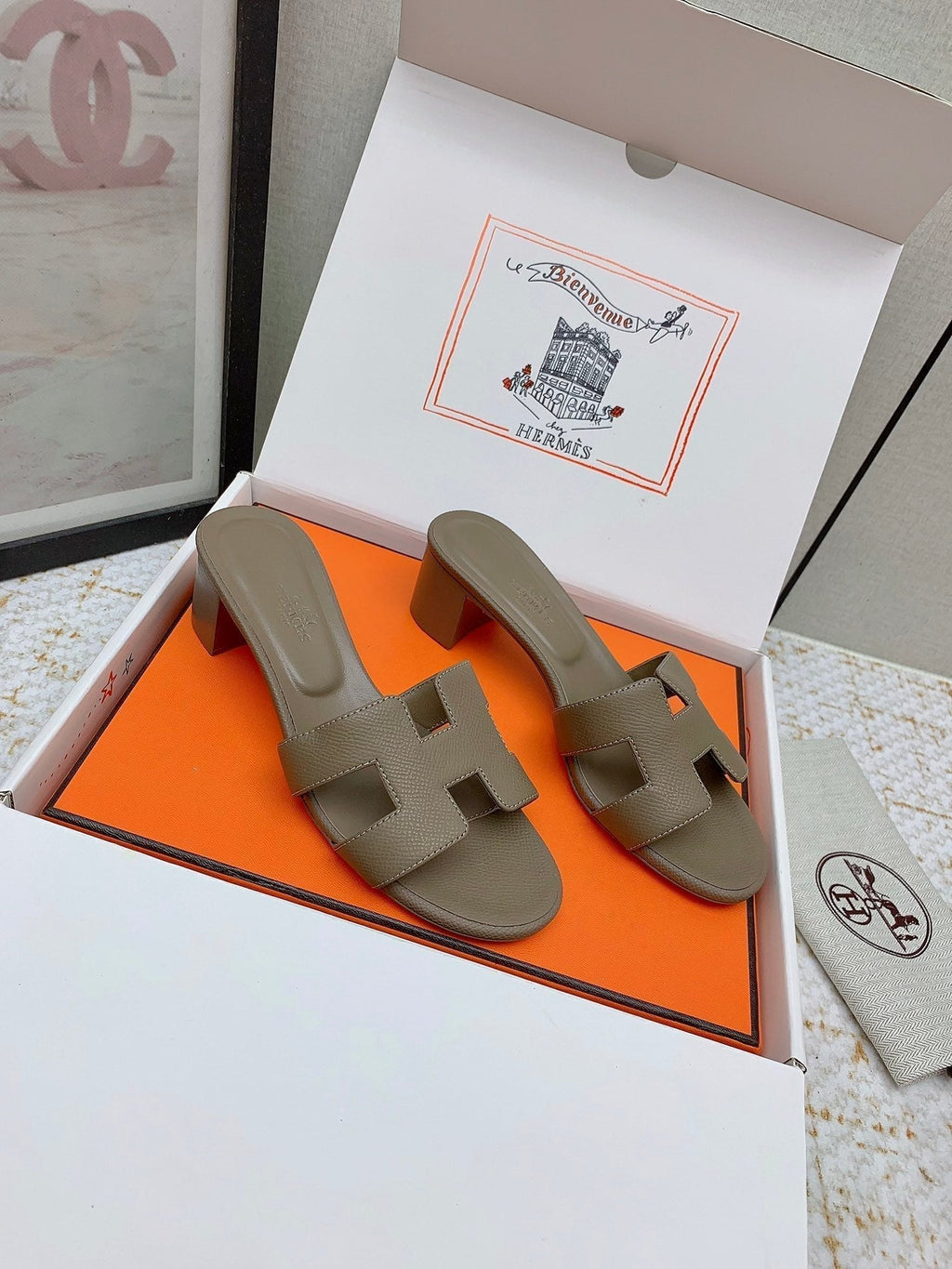 HERMES OASIS SANDAL HEEL 50MM IN TAUPE BROWN CALFSKIN
