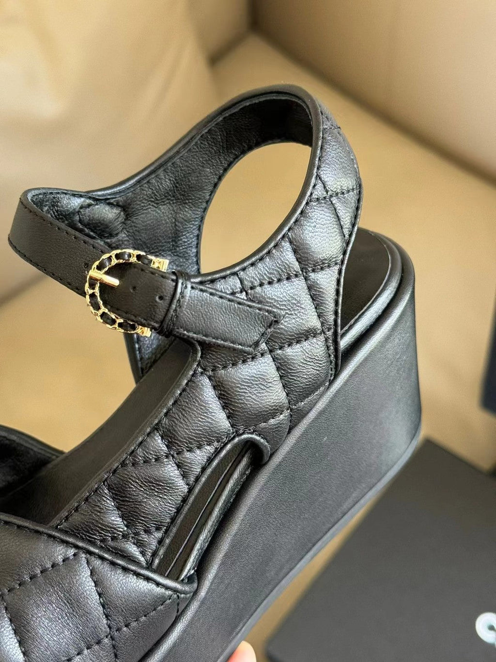 CHANEL CLASSIC WEDGE SANDALS IN BLACK LAMBSKIN