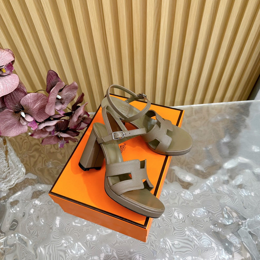 HERMES JAZZ 90 SANDAL IN WOOD BROWN CALFSKIN