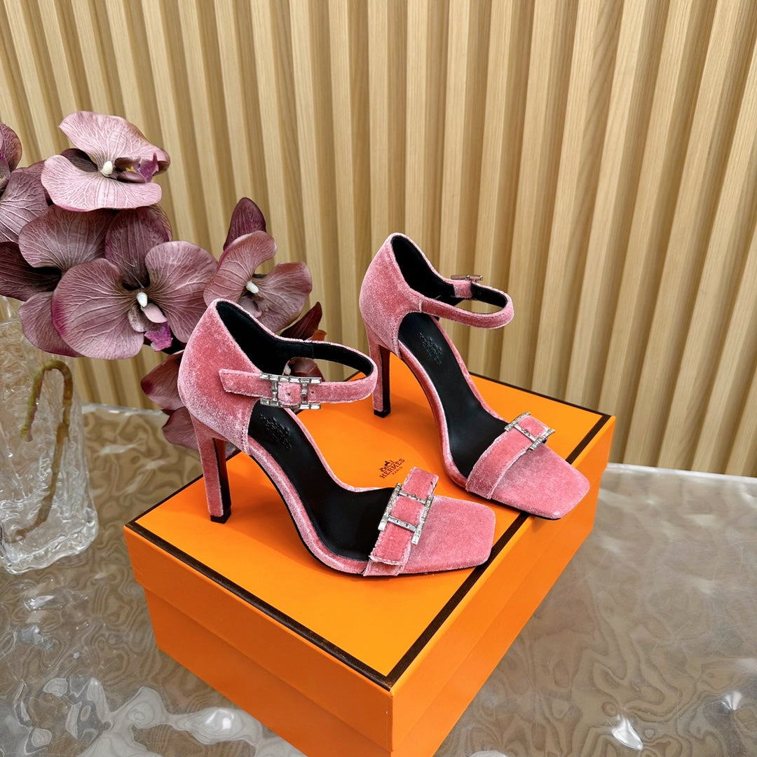 HERMES JULY SANDAL 105 MM IN ROUGE PINK VELVET