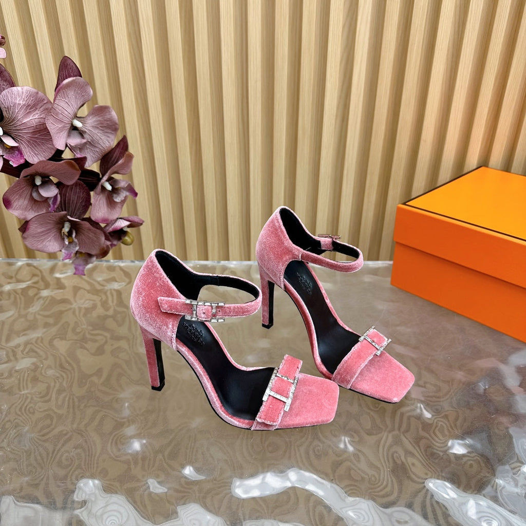 HERMES JULY SANDAL 105 MM IN ROUGE PINK VELVET