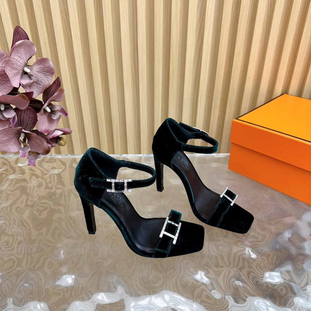 HERMES JULY SANDAL 105 MM IN TEAL GREEN VELVET